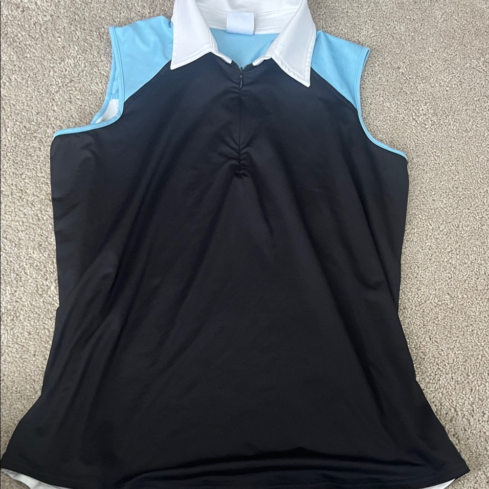 Belyn key Sleeveless Black & Light Blue Polo Tank with White Collar